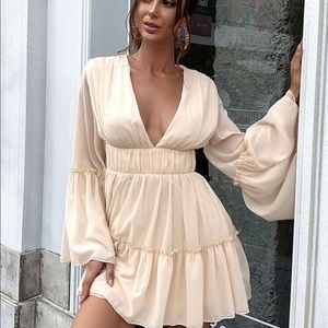 Plunging Neck Frill Ruffle Hem Chiffon Dress